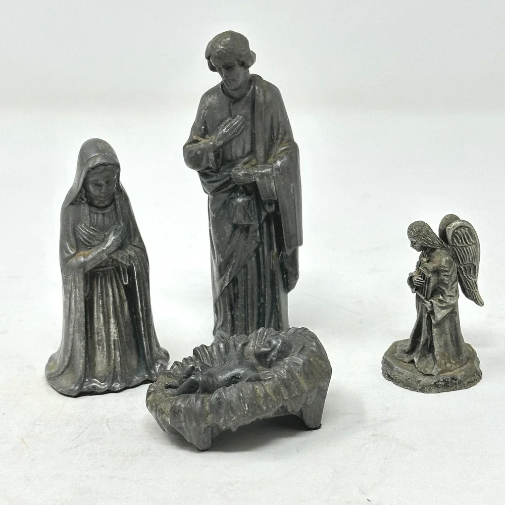 Vintage Pewter Tone Metal Nativity Set 4 Piece Holy Family Angel Figurines